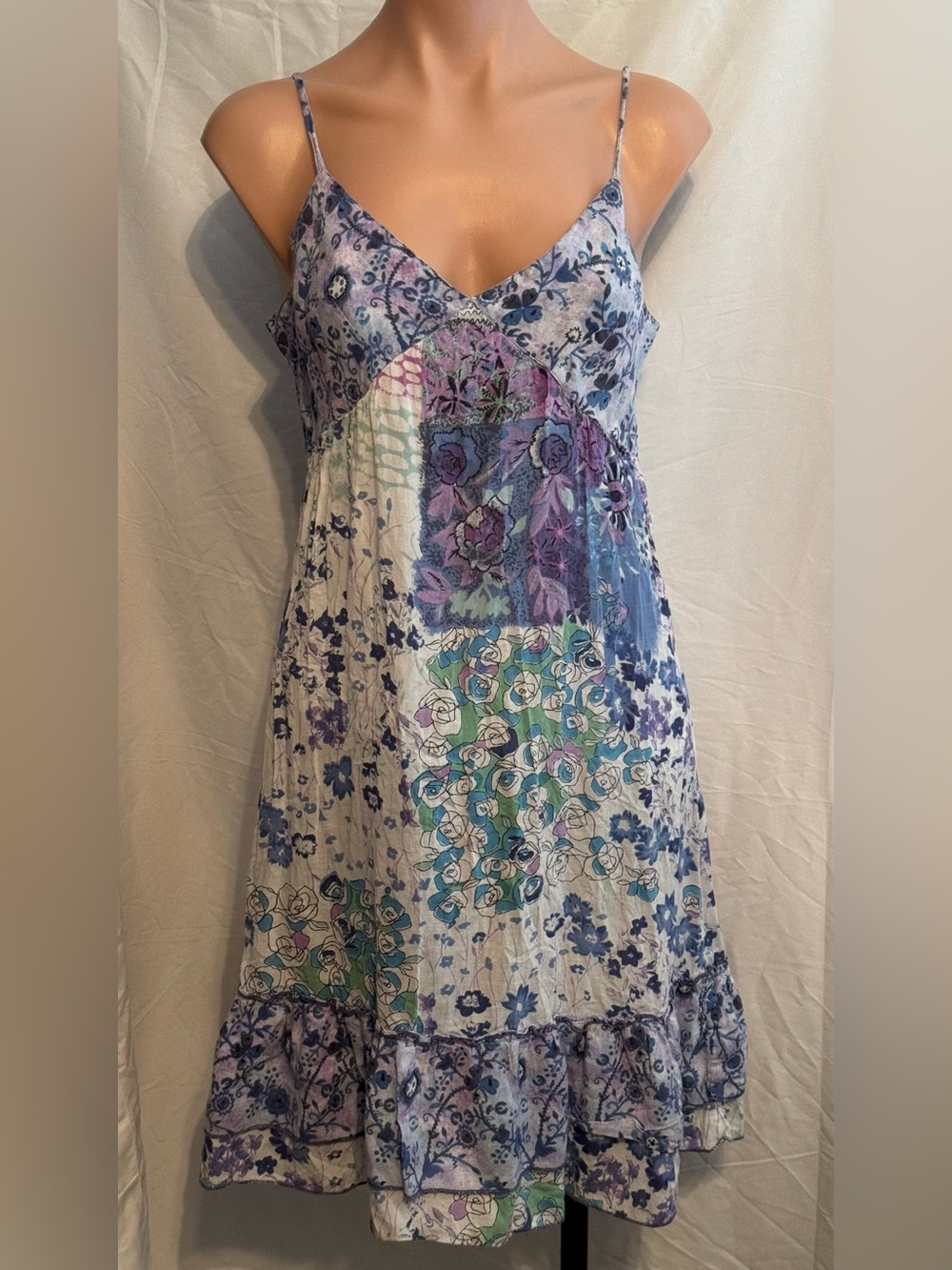 Pretty Boho Purple Flowy Floral Patchwork Spaghetti Strap Summer Dress